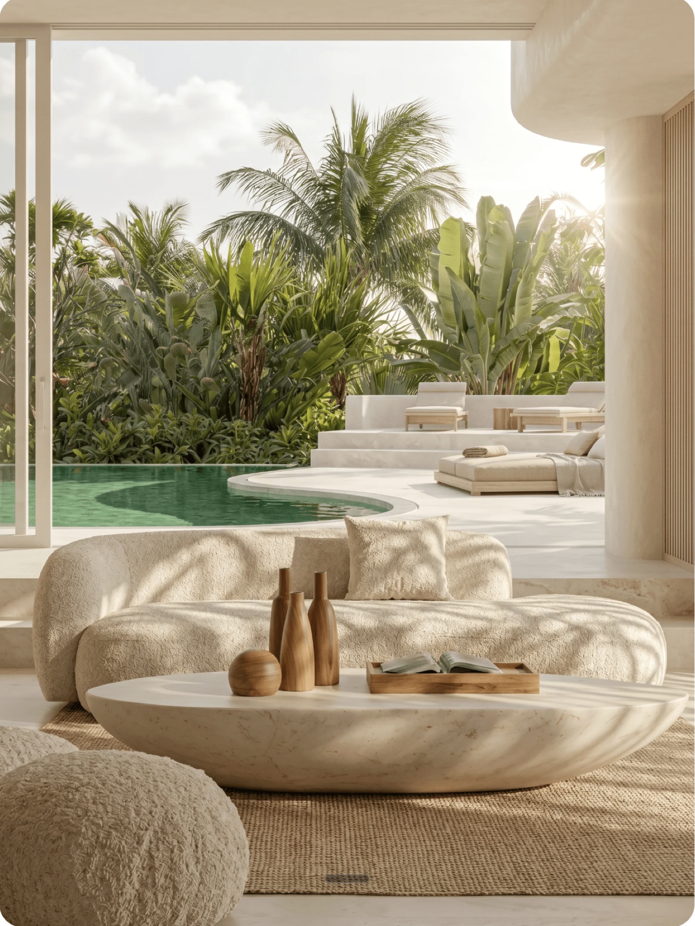 Wave villa living room opening onto the pool